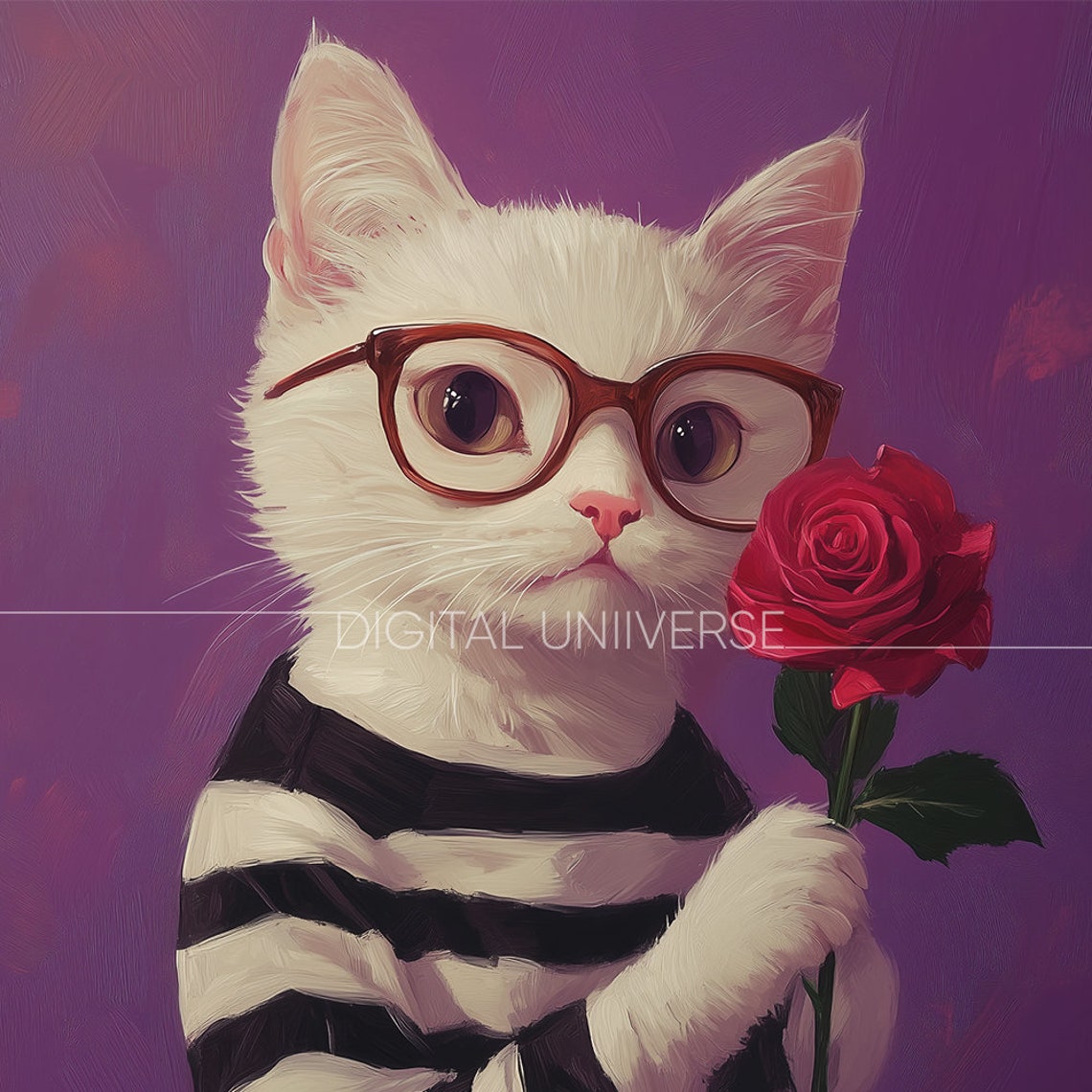 Smart White Cat with Glasses Holding Red Rose Valentine Poster - Image 4