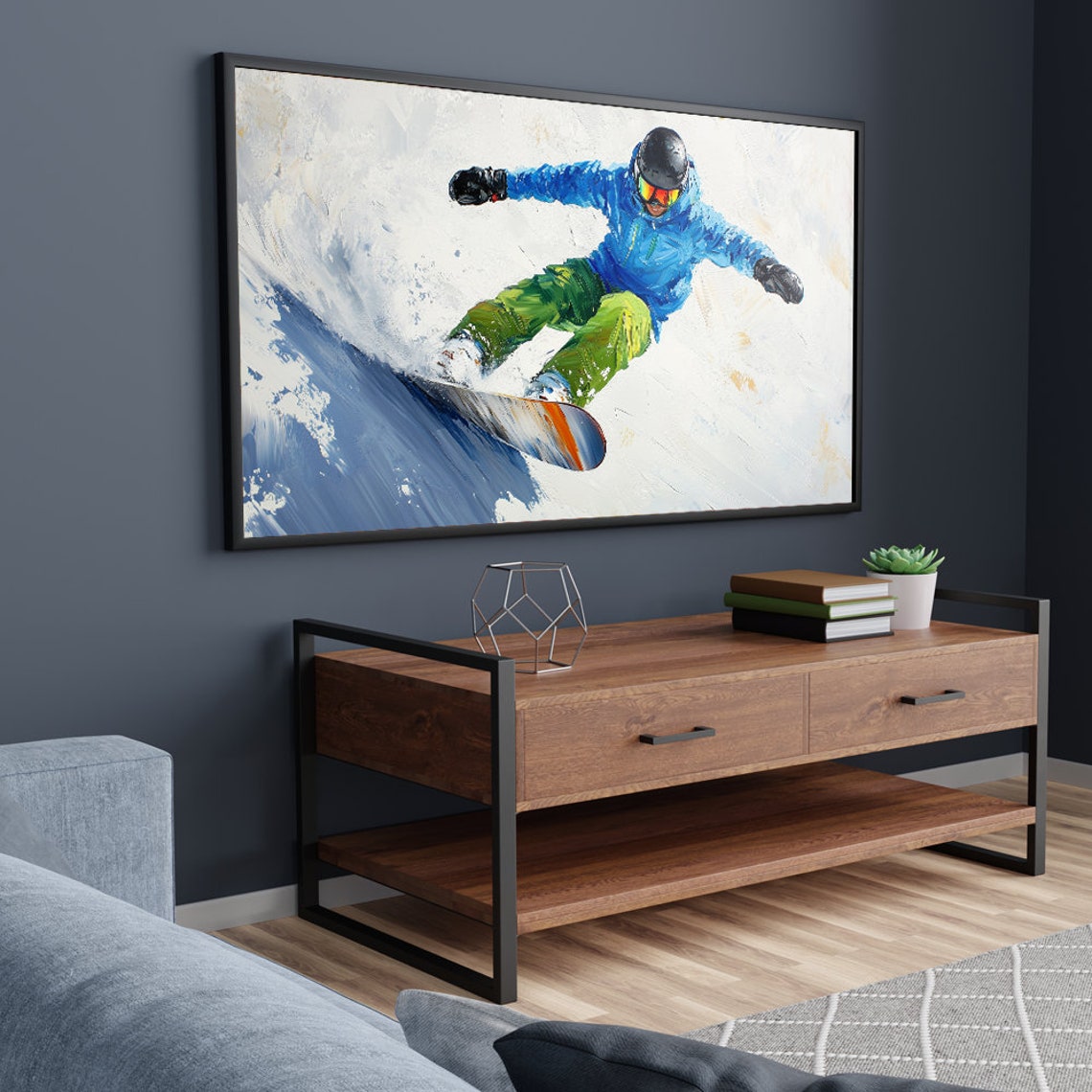Oil Painting Winter Frame Tv Art Frame Tv Art Colorful Christmas Tv Art Ski Snow Painting For Tv A Snowboarder In A Blue Jacket - Image 5