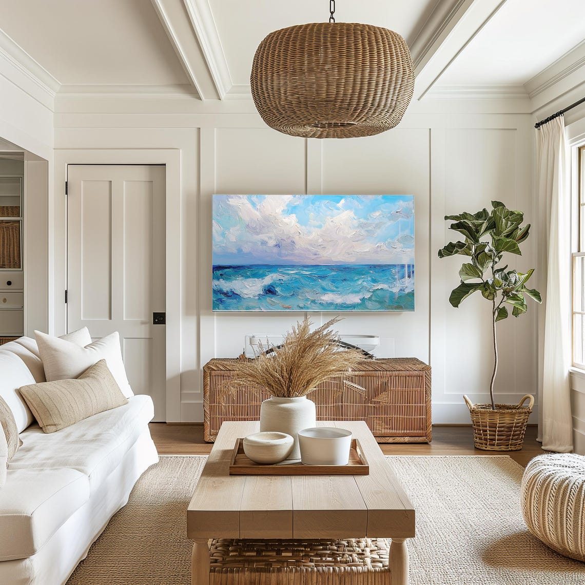 Turquoise Ocean and White Clouds Impasto Seascape Art Wall Art - Image 7