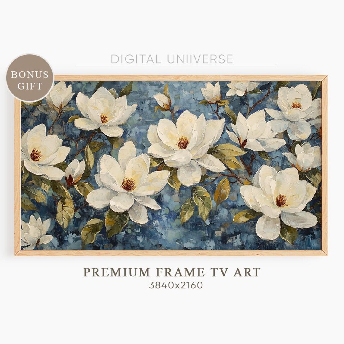 White Magnolias on Blue Impasto Textured Floral Art Wall Art