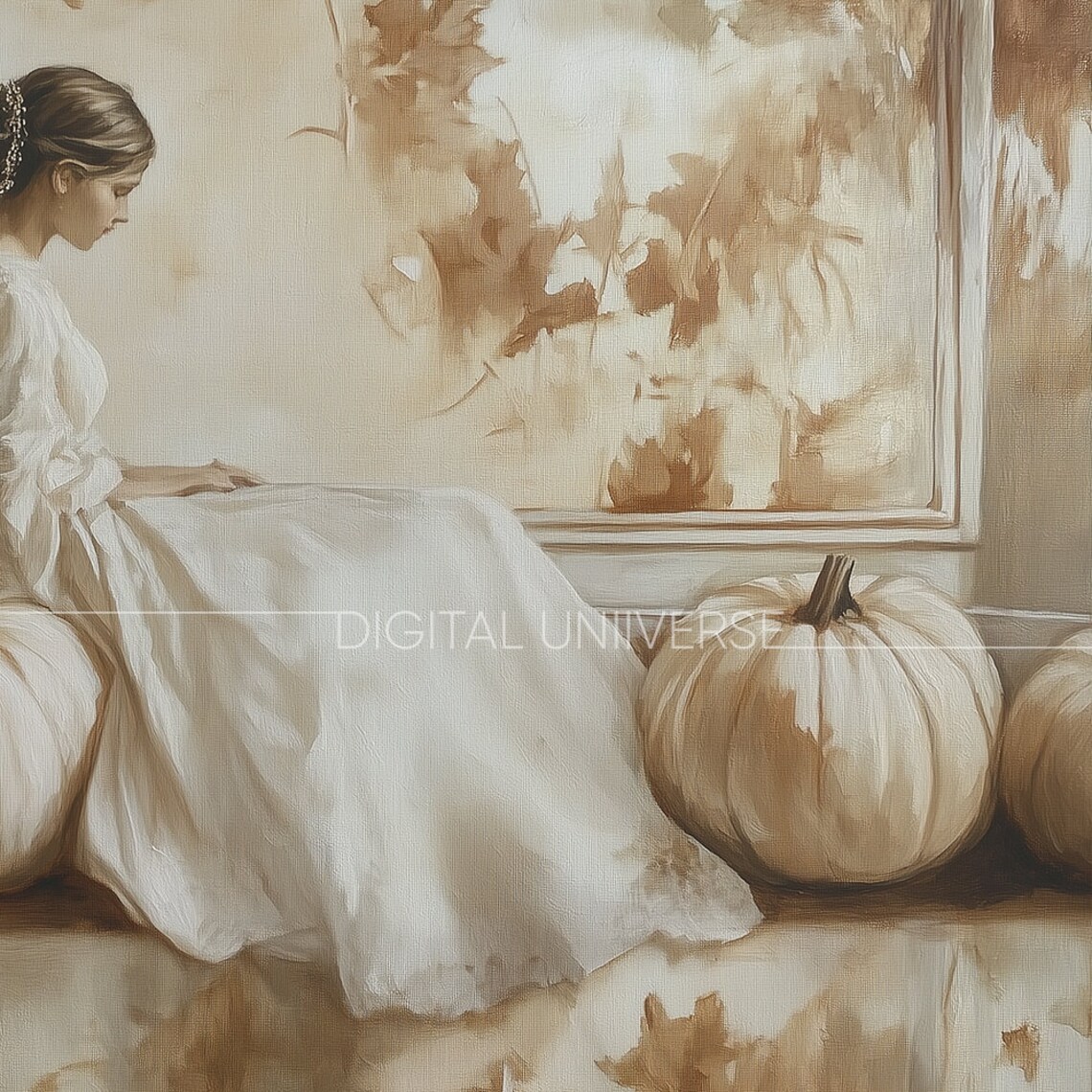 Woman White Gown White Pumpkins Elegant Vintage Autumn Painting Poster - Image 3