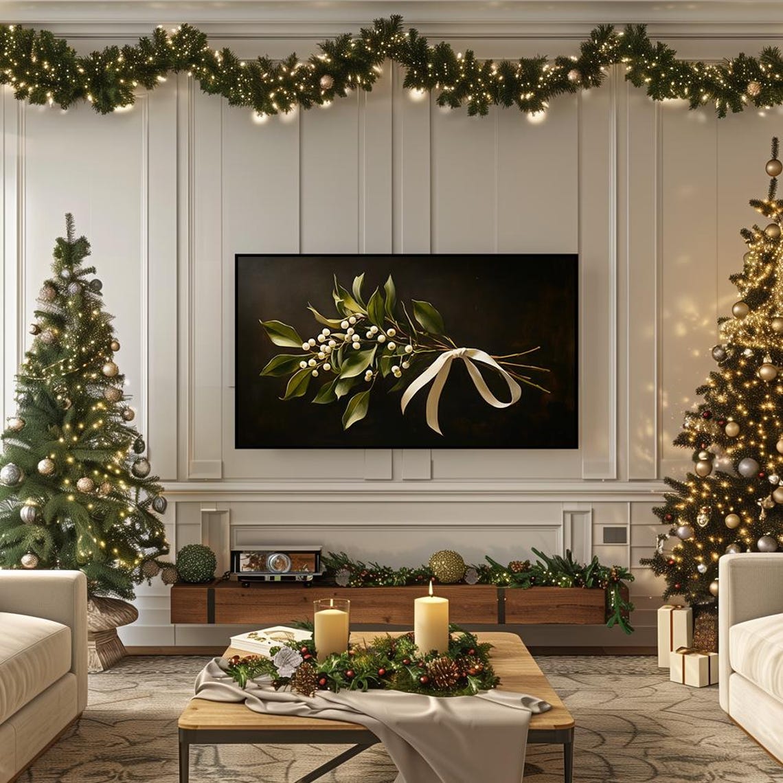 Mistletoe with White Berries and Satin Bow Vintage Christmas Wall Art - Image 5