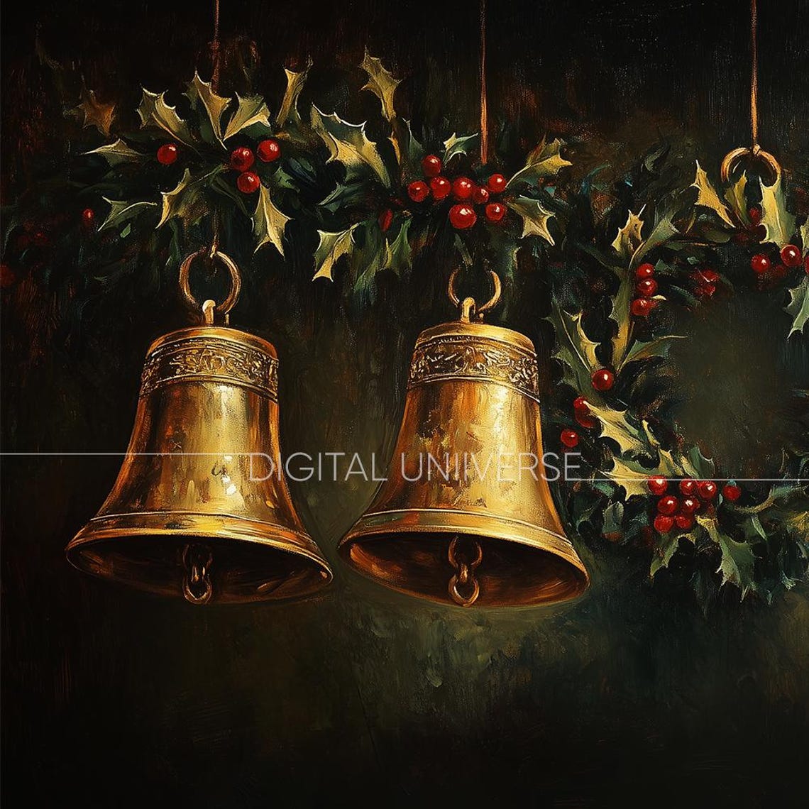Four Golden Brass Bells with Holly Vintage Christmas Decor Poster - Image 4