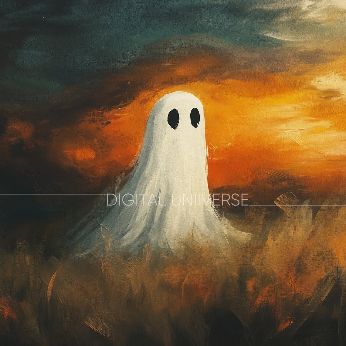 Cute Ghost in Golden Field at Fiery Sunset Halloween Art Poster - Image 4
