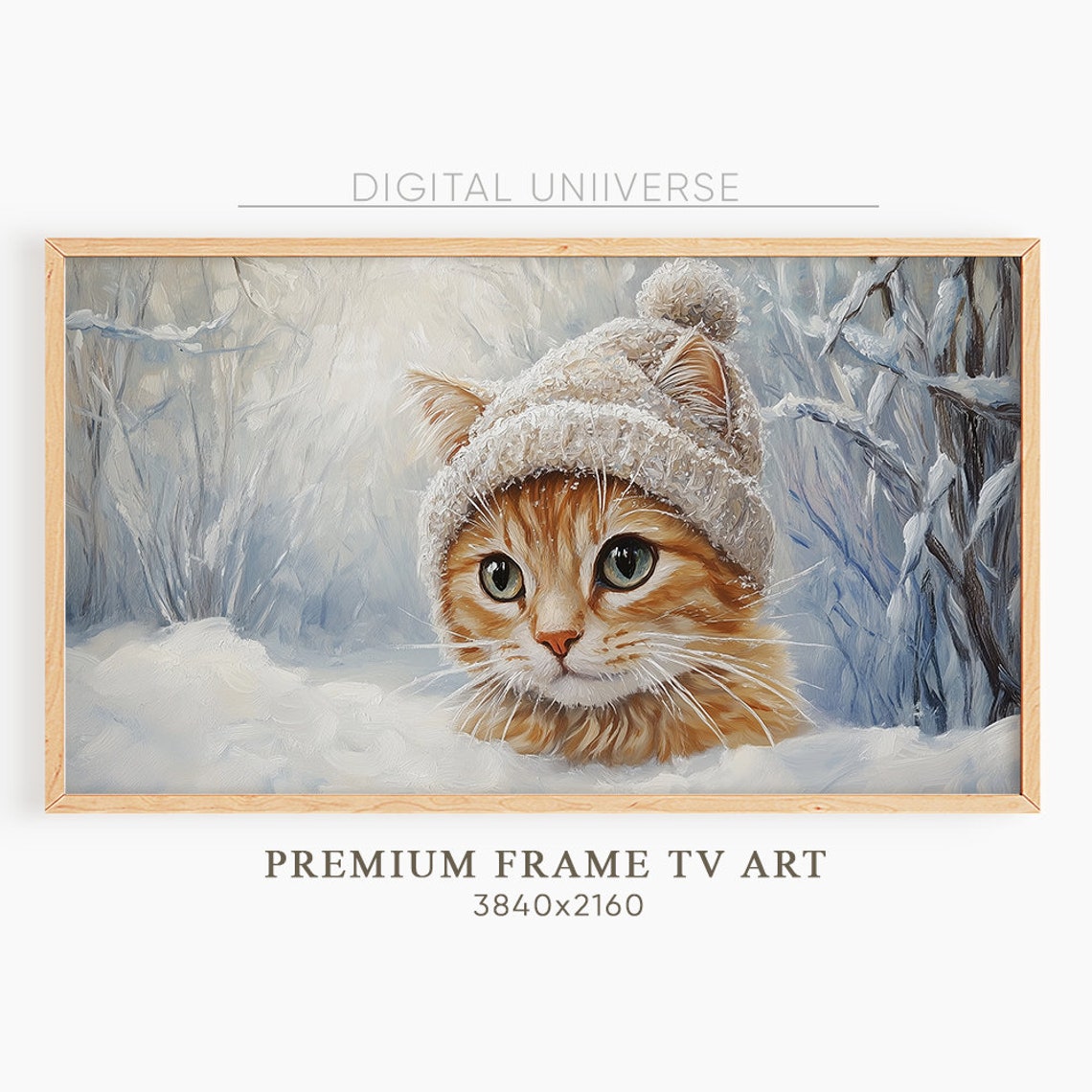 Cute Orange Kitten Knitted Hat Snowy Winter Forest Painting Poster