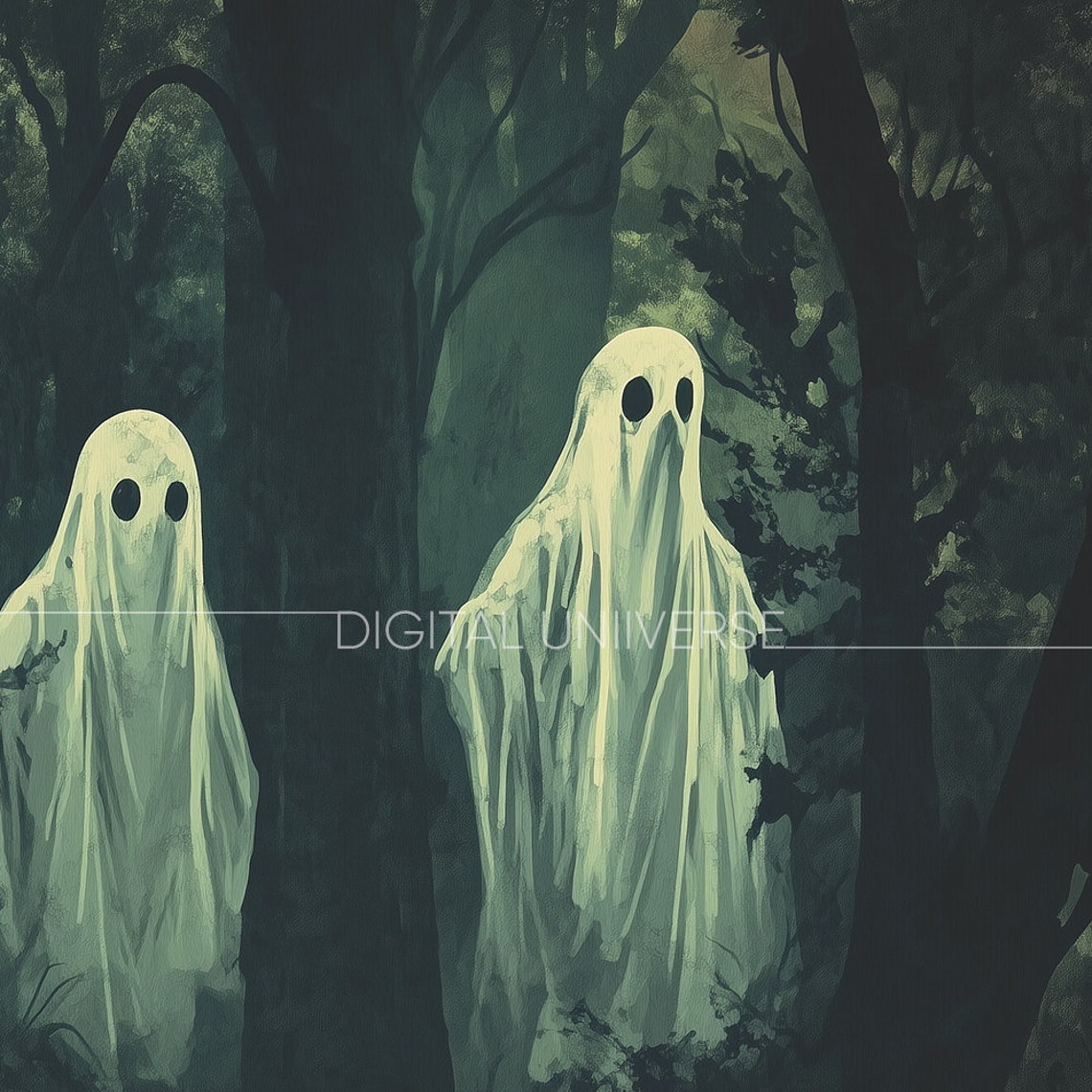 Three White Ghosts Dark Forest Moody Spooky Halloween Painting Poster - Image 3