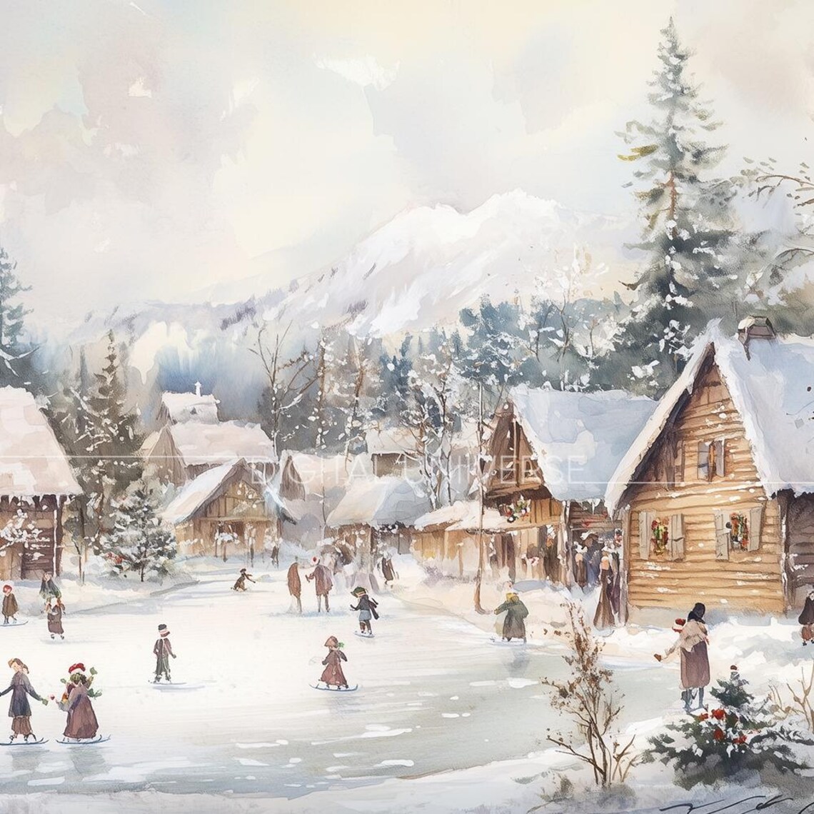 Watercolor Winter Village Ice Skating Scene Christmas Wall Art - Image 3