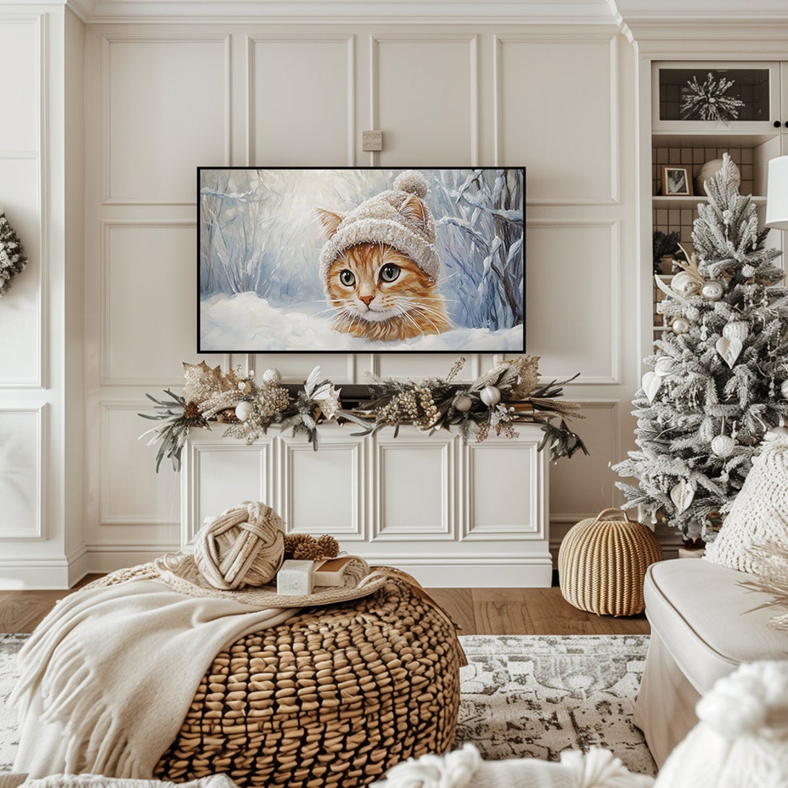 Cute Orange Kitten Knitted Hat Snowy Winter Forest Painting Poster - Image 7