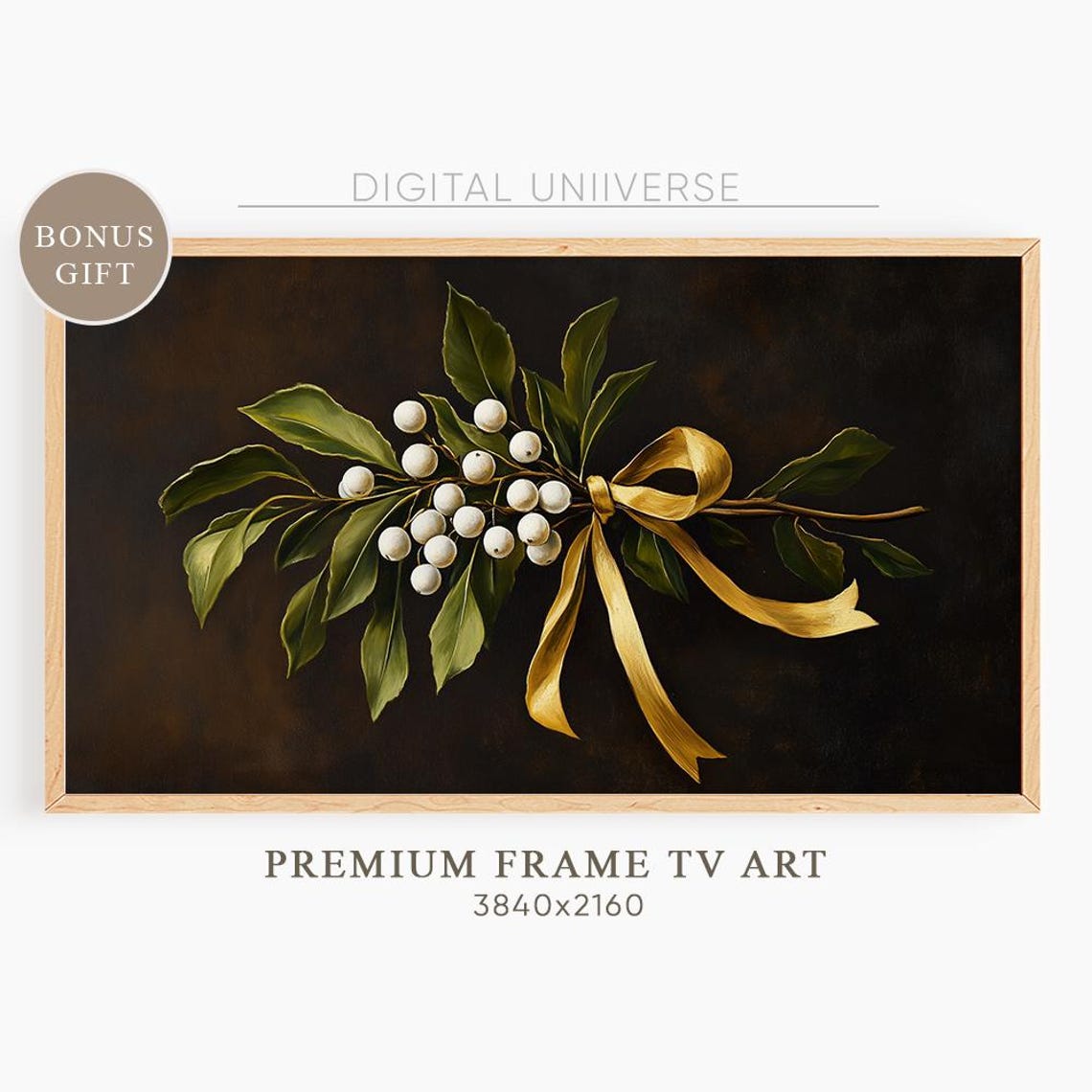 Mistletoe with White Berries Tied in Gold Ribbon Holiday Wall Art