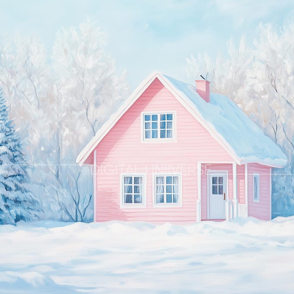 Pink Cottage in Snowy Winter Wonderland Dreamy Landscape Wall Art - Image 4