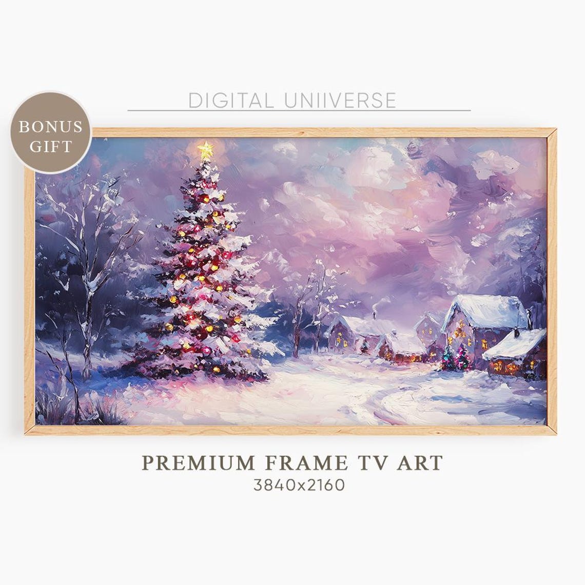 Decorated Christmas Tree in Snowy Village Purple Twilight Poster