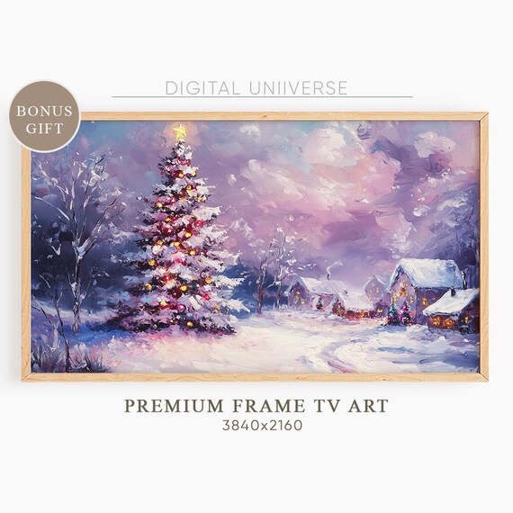 Decorated Christmas Tree in Snowy Village Purple Twilight Poster