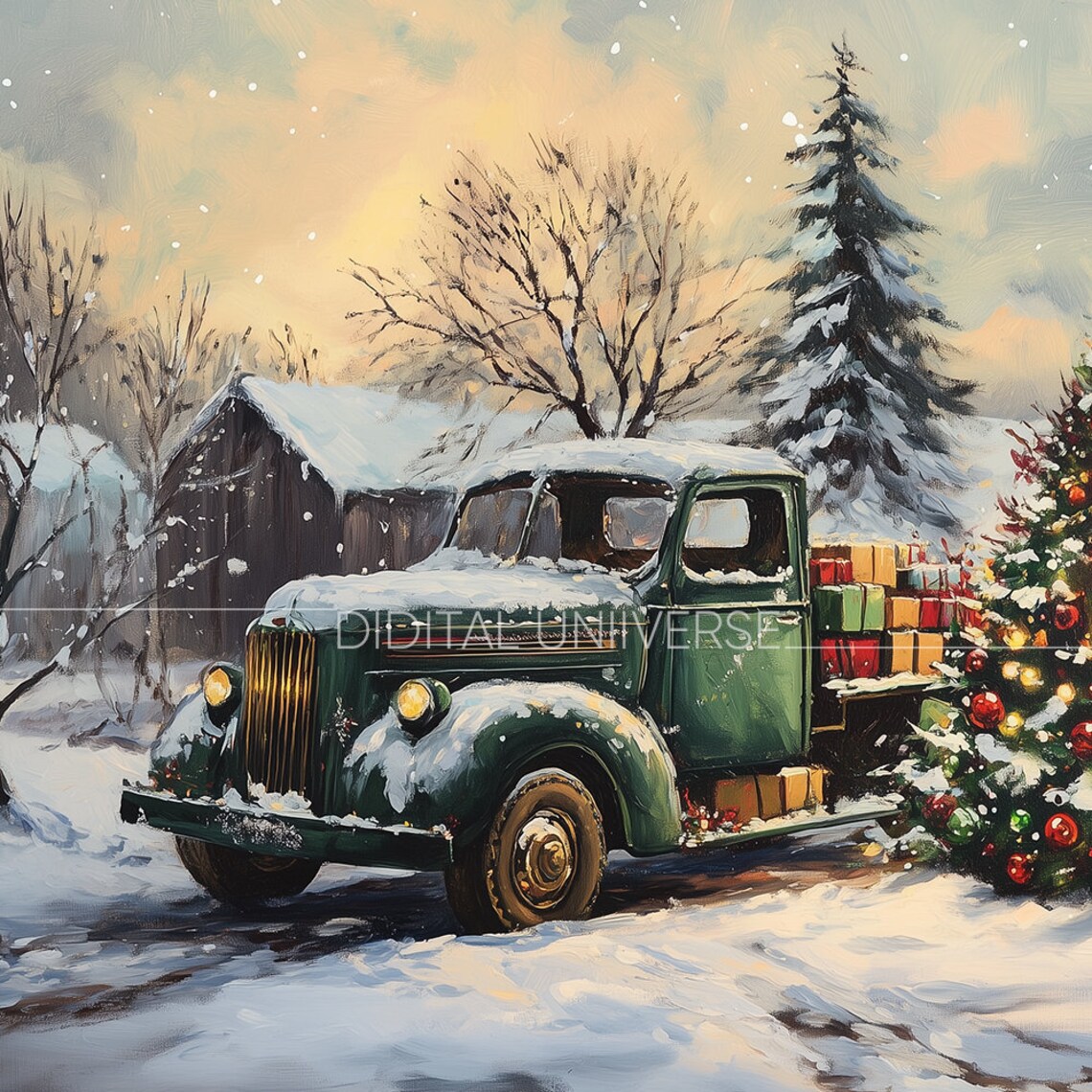 Vintage Green Truck with Gifts and Christmas Tree Snowy Farm Poster - Image 4
