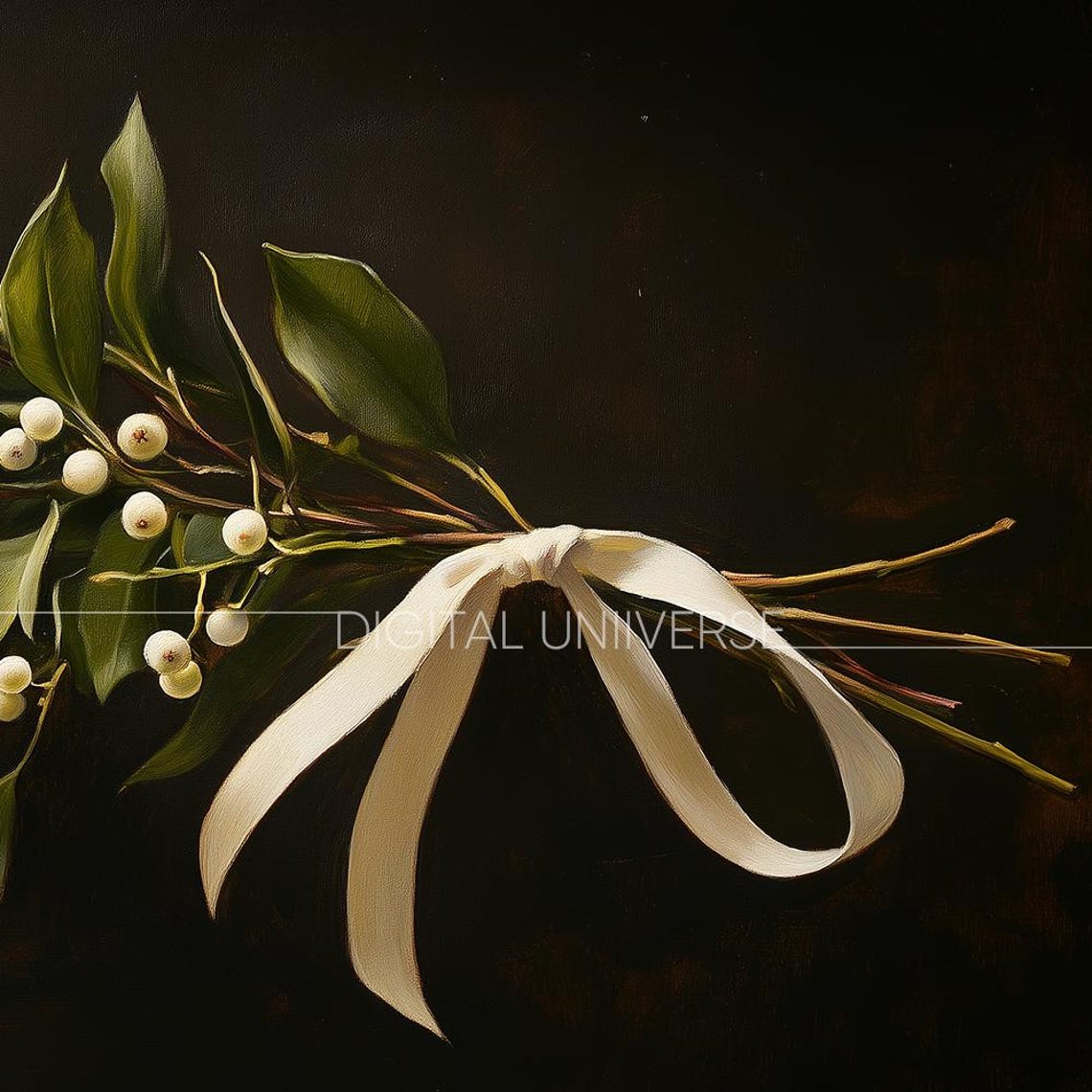 Mistletoe with White Berries and Satin Bow Vintage Christmas Wall Art - Image 3