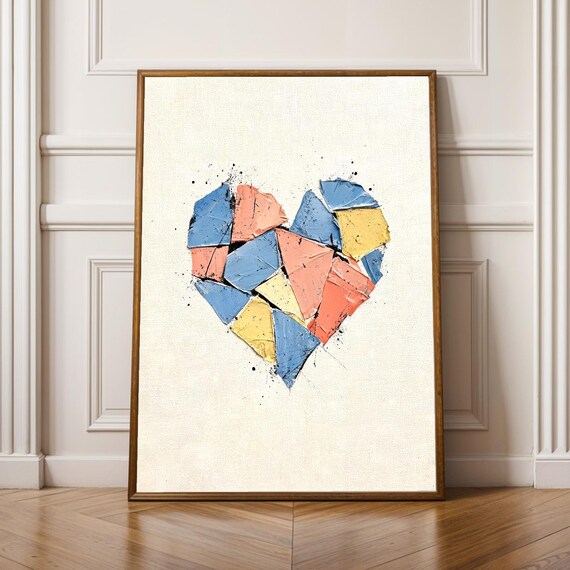 Abstract Fragmented Heart in Blue Coral and Yellow Modern Poster