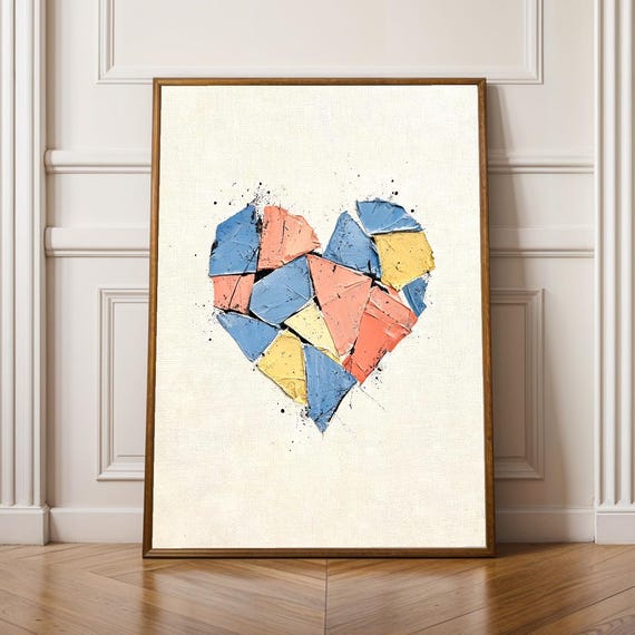 Abstract Fragmented Heart Poster Modern Muted Cobalt Blue And Warm Coral