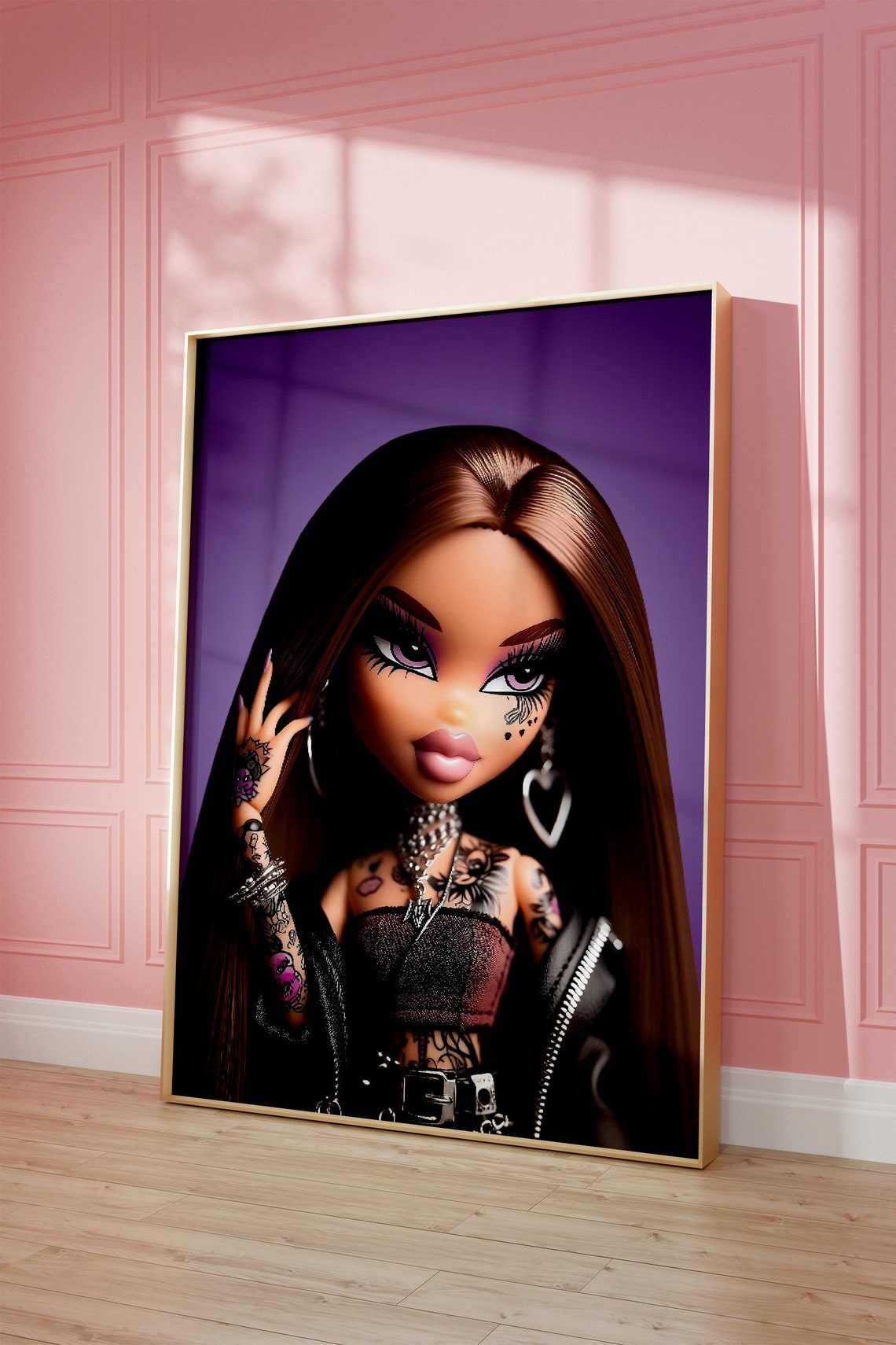 Tattooed Fashion Doll Portrait Purple Backdrop Edgy Glam Art Poster