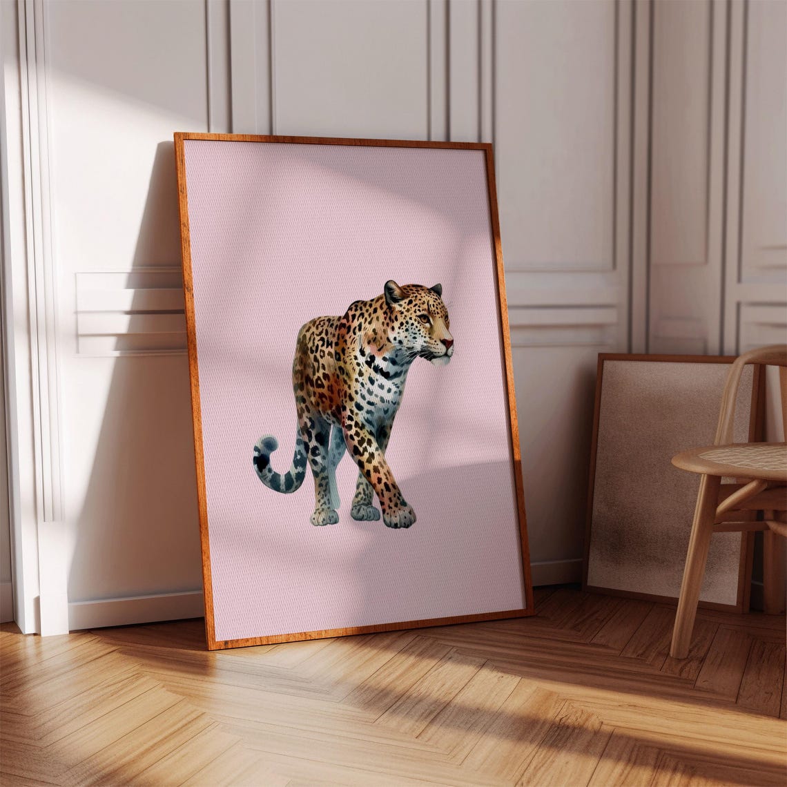 Spotted Big Cat Walking Soft Pink Background Wildlife Art Poster