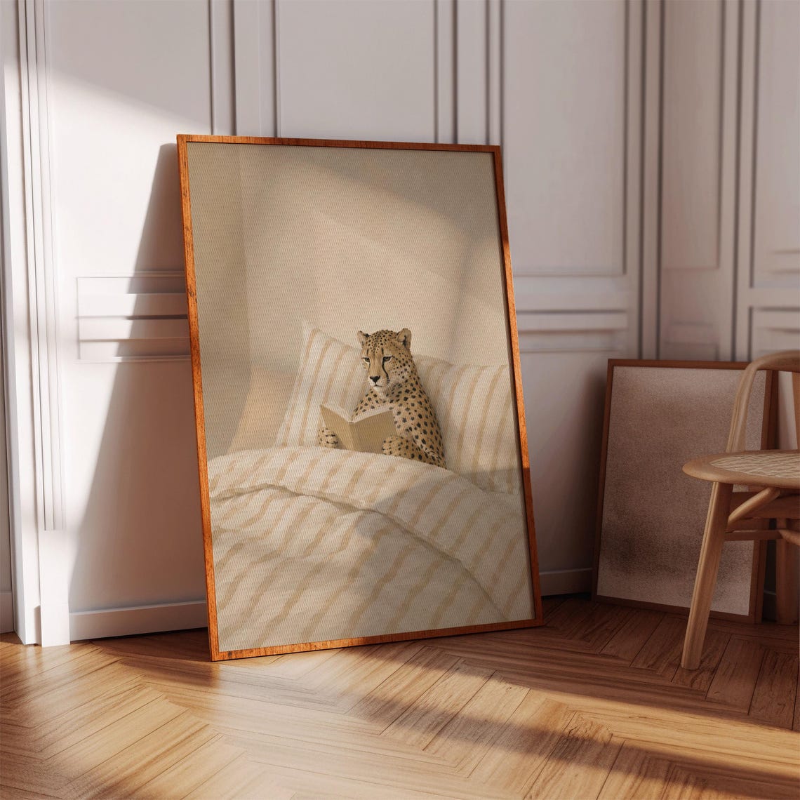 Cheetah Reading Book in Bed Cozy Neutral Bedroom Decor Poster