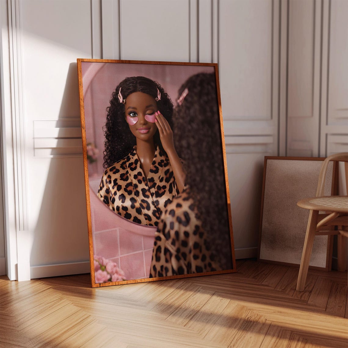 Fashion Doll Leopard Robe Bathroom Mirror Skincare Girly Poster