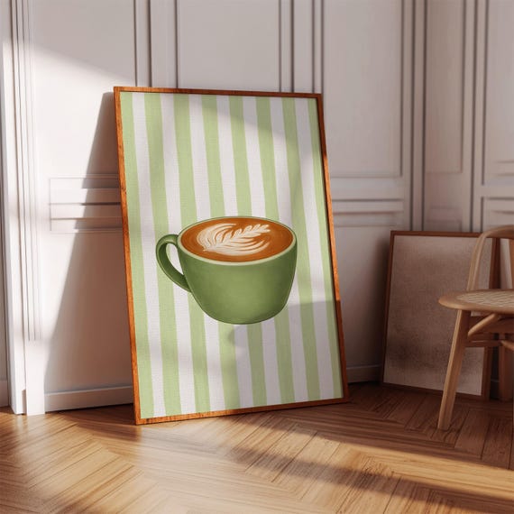 Green Latte Print Coffee Cup Poster Kitchen Wall Decor Cafe