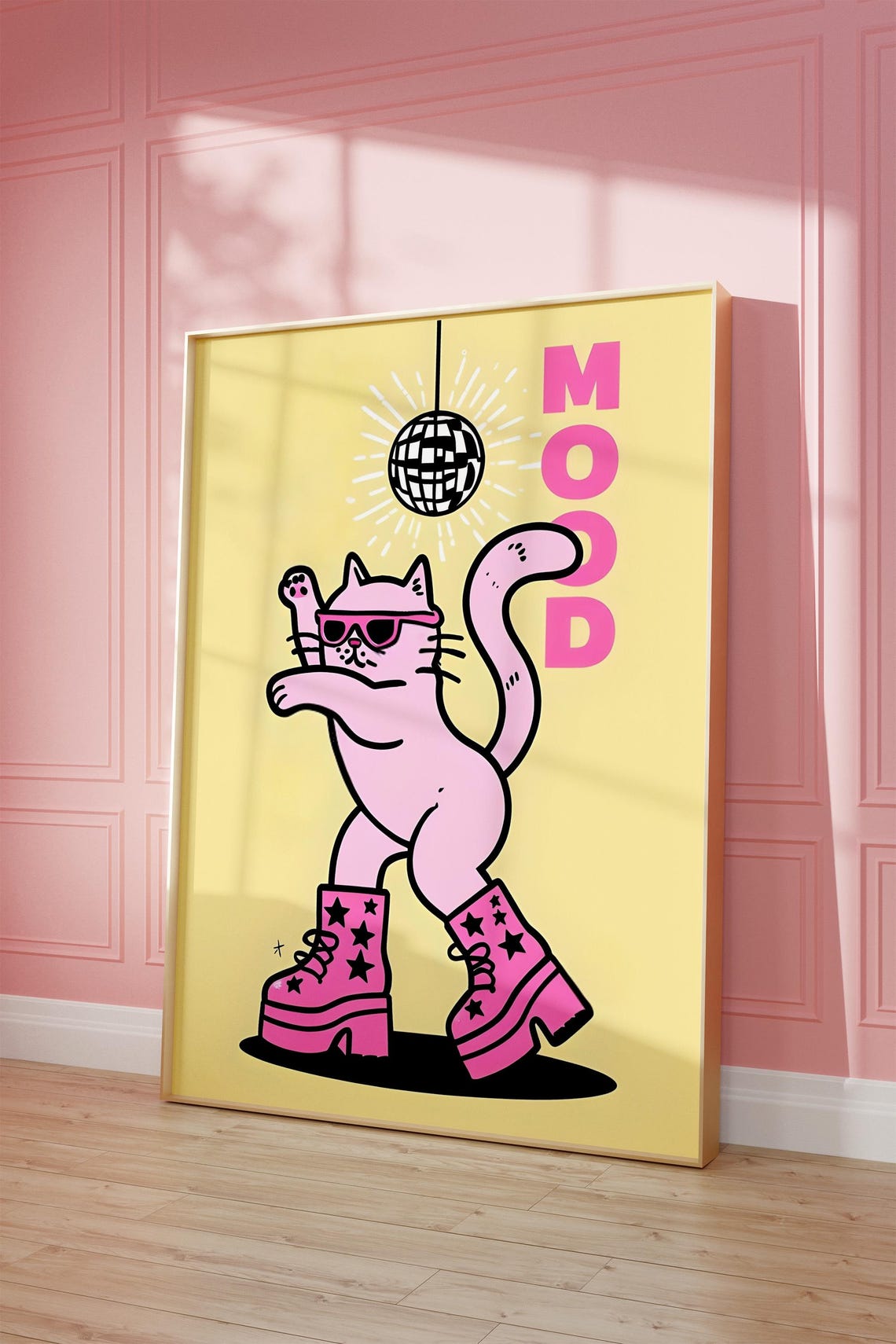 Yellow Retro Cat Wall Art Dancing In The Disco Print Digital Download