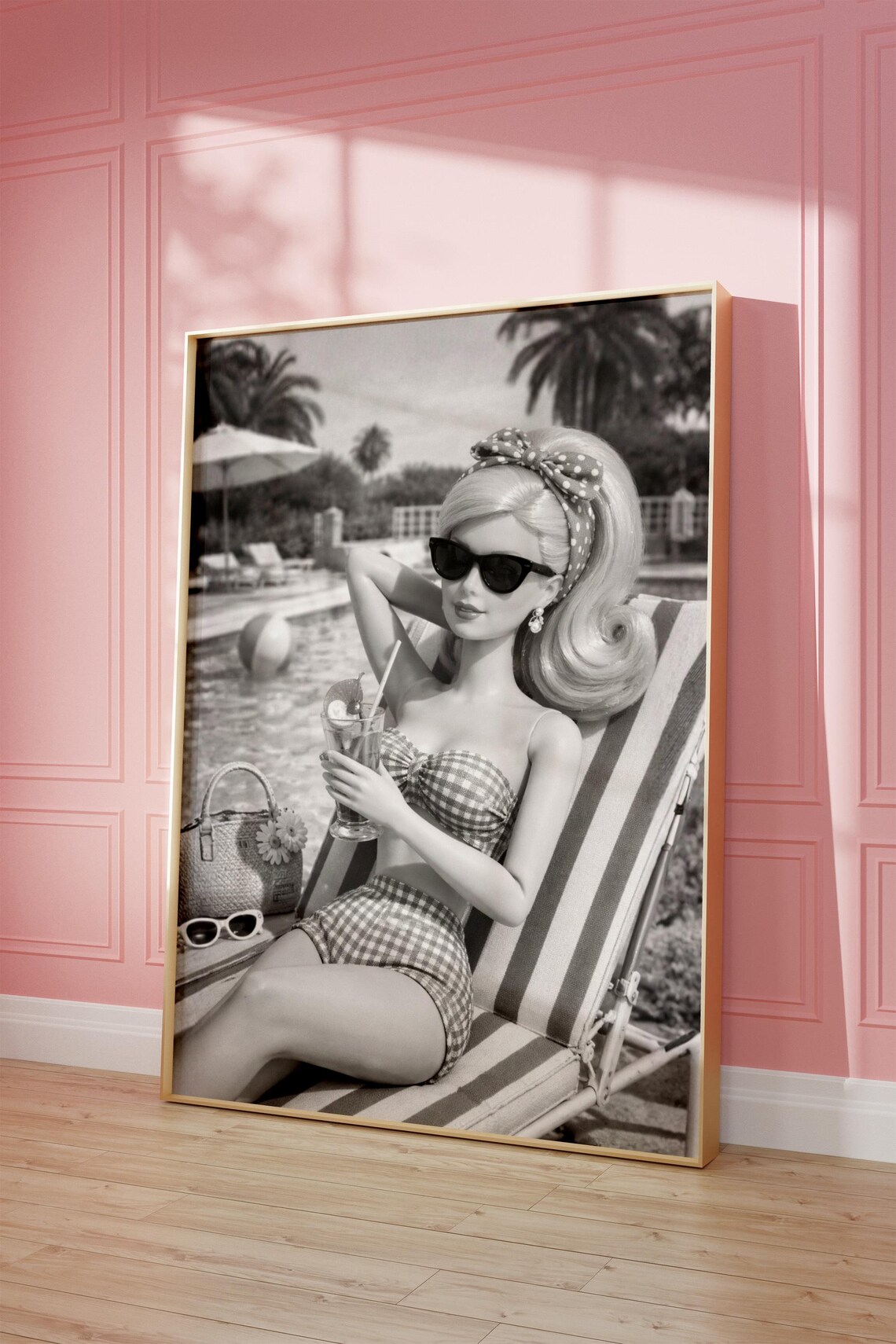 Barbie Doll Retro Pool Scene Black And White Fashion Photo Style Print