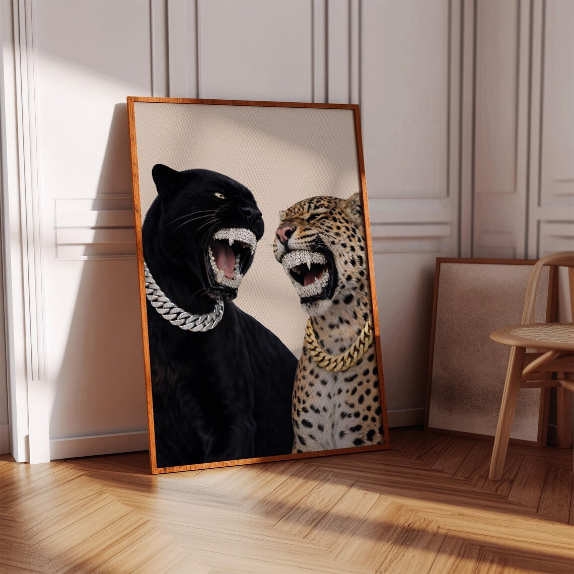 Black Panther And Leopard Print With Diamond Grillz And Gold Chains