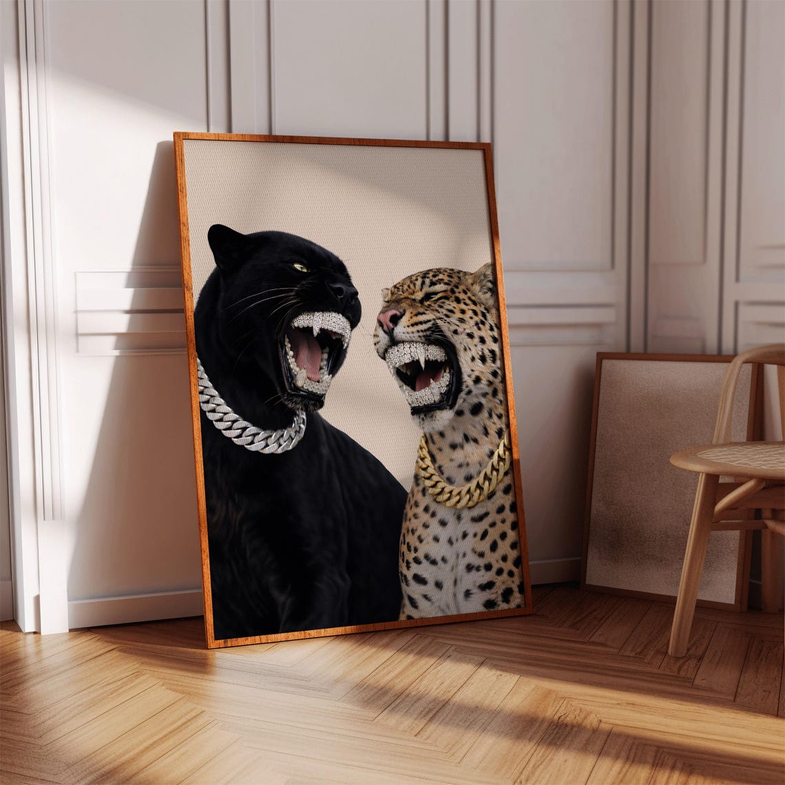 Black Panther And Leopard Wall Art Diamond Grill Big Cat Print Luxury Animal Decor