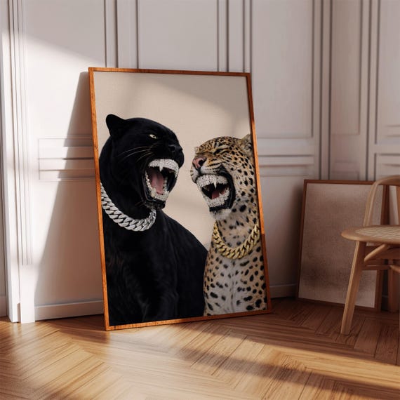 Black Panther And Leopard Wall Art Diamond Grill Big Cat Print Luxury Animal Decor
