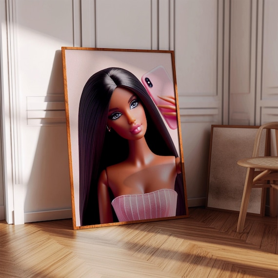 Brunette Fashion Doll Pink Phone Selfie Glamour Beauty Art Print