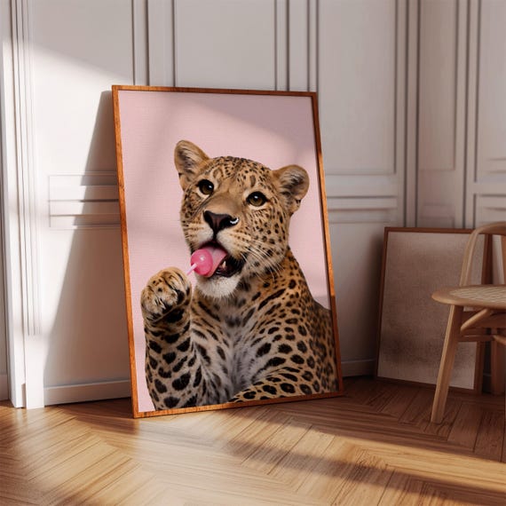 Leopard Licking Lollipop Print Pink Animal Wall Art Digital Download