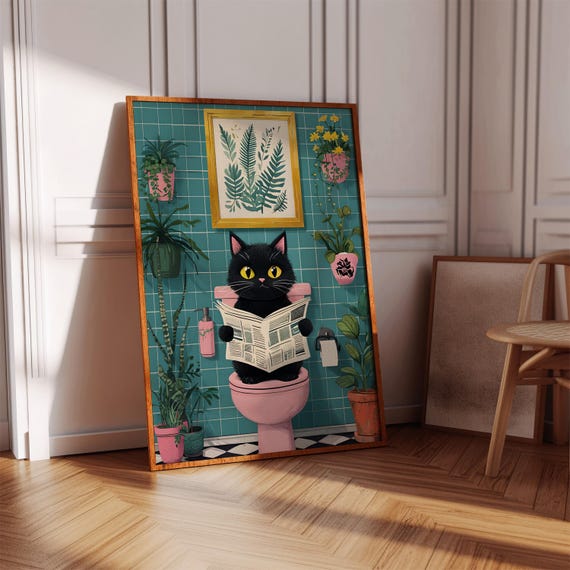 Cat Reading In The Toilet Funny Restroom Wall Art Instant Download
