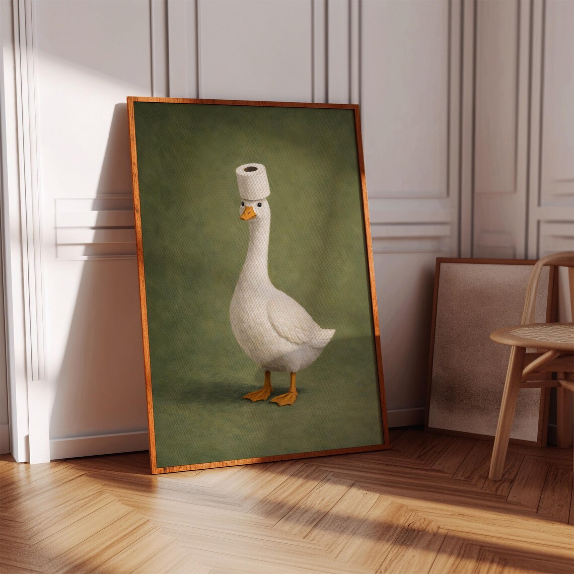 Funny Duck Wearing a Toilet Paper Hat Green Bathroom Wall Art