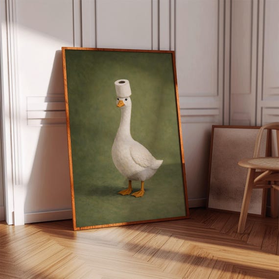 Funny Duck Wall Art Toilet Paper Print Green Bathroom Decor Poster