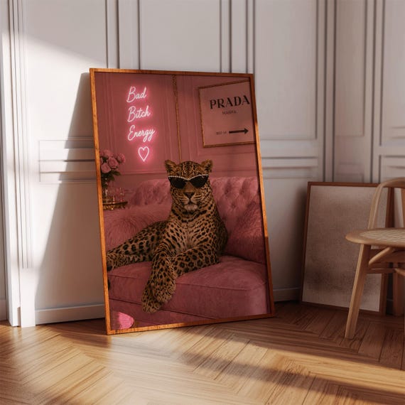Pink Leopard Wall Art Bad Bitch Energy Neon Print Maximalist Glam Decor