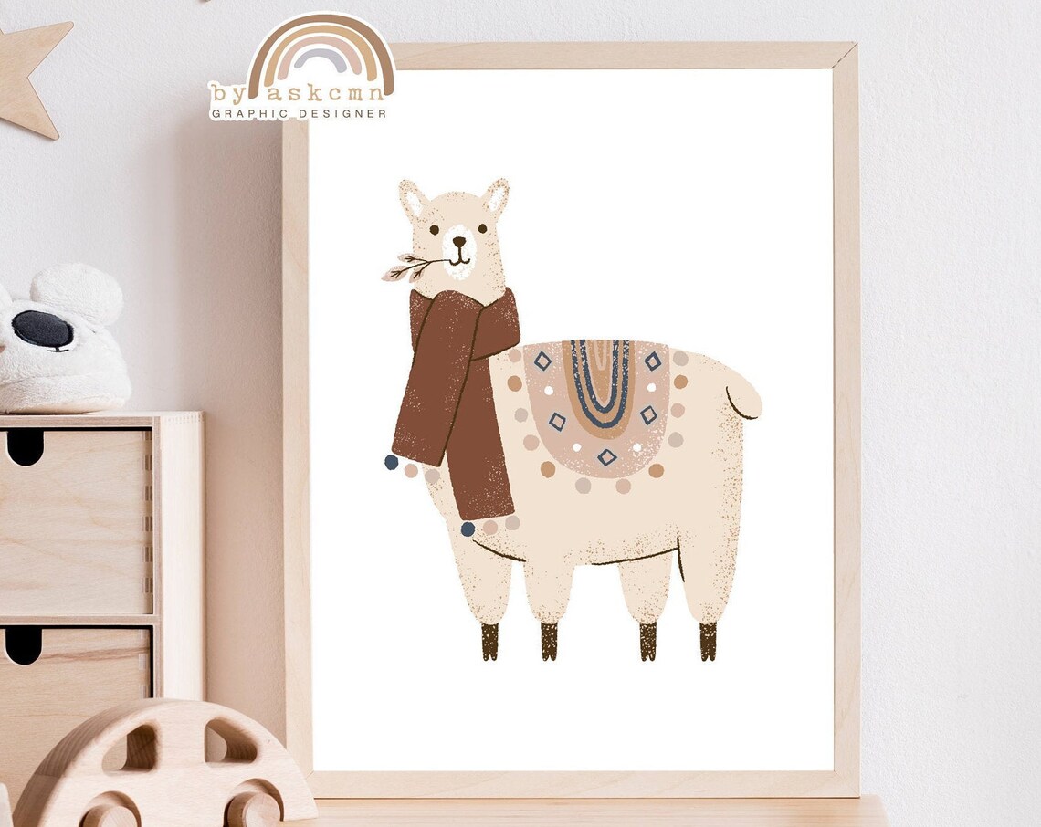 Cute Llama Scarf Saddle Blanket Safari Neutral Nursery Animal Wall Decor Poster