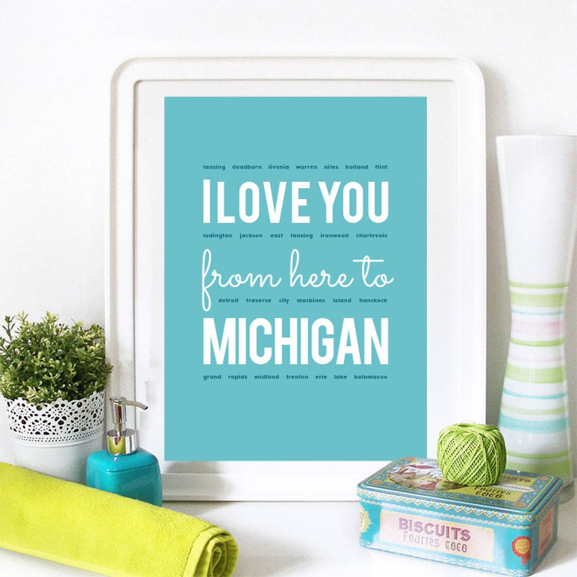 I Love You From Here To Michigan Michigan Print Michigan Skyline Michigan Art Michigan Poster Michigan Watercolor Michigan Art Print - Image 2