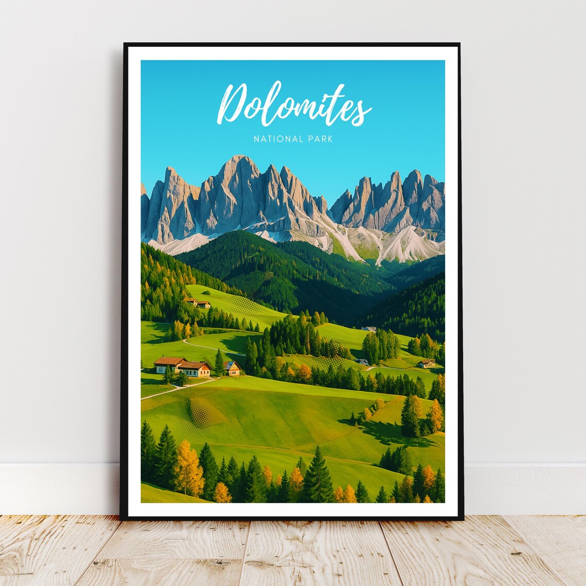 Dolomites National Park Italy Alpine Peaks Mountain Valley Travel Poster