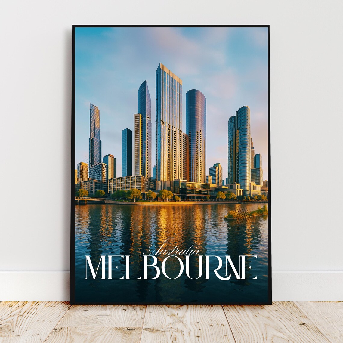 Melbourne Australia Skyline Golden Hour River Travel Art Poster