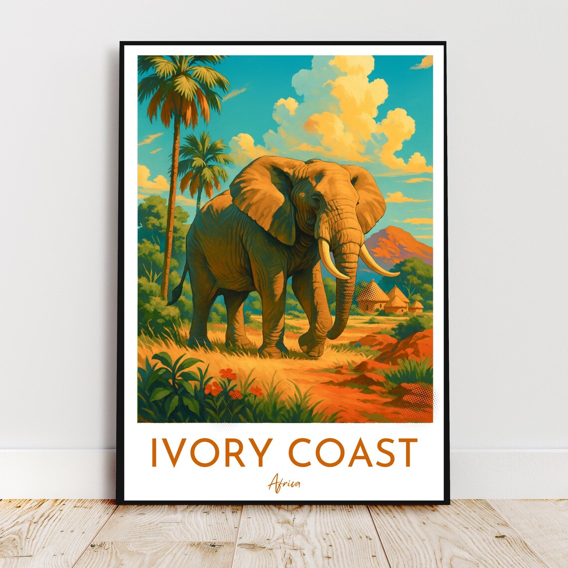 Ivory Coast Africa Elephant Safari Retro Wildlife Travel Poster