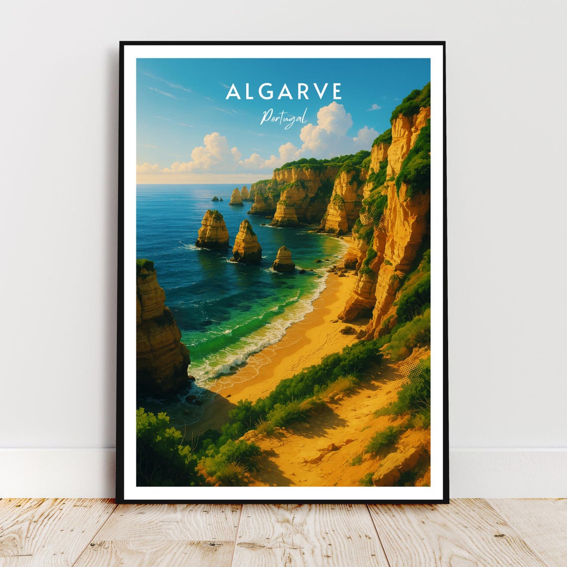 Algarve Portugal Golden Cliffs Sea Beach Modern Travel Poster