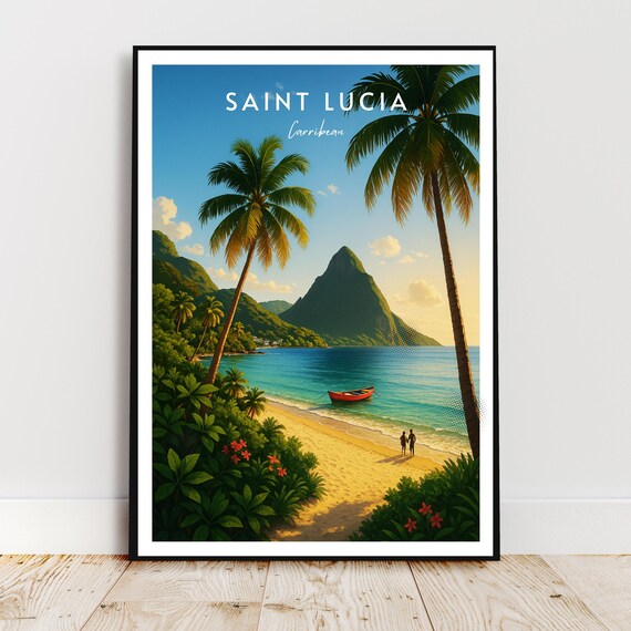 Saint Lucia Caribbean Beach With Pitons Vintage Travel Poster