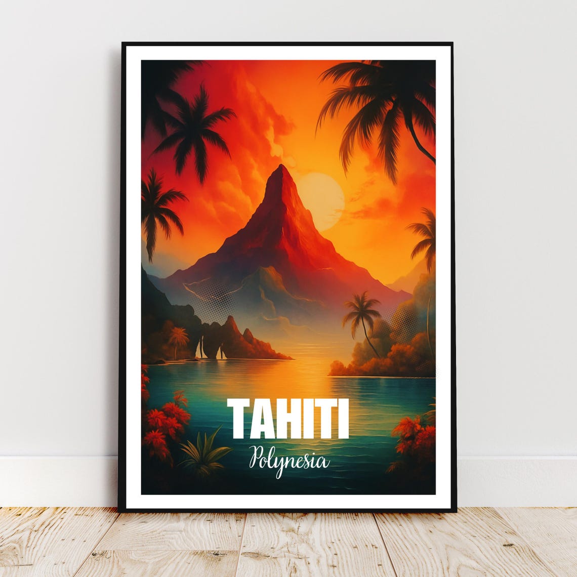 Tahiti Polynesia Volcanic Peak Sunset Lagoon Island Travel Poster