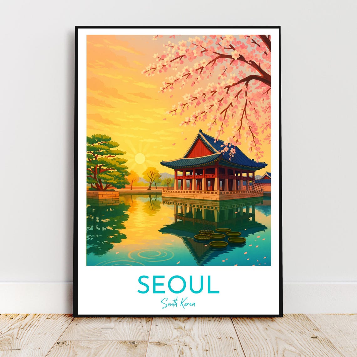 Seoul South Korea Palace Pavilion Cherry Blossom Sunset Travel Poster