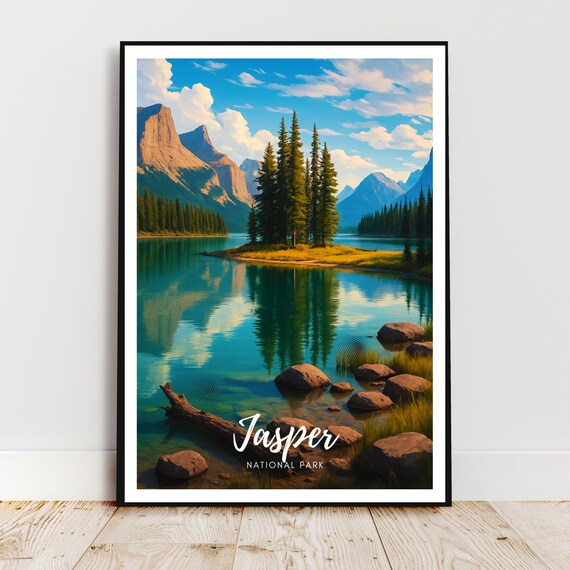 Jasper National Park Turquoise Lake Pine Island Mountain Poster