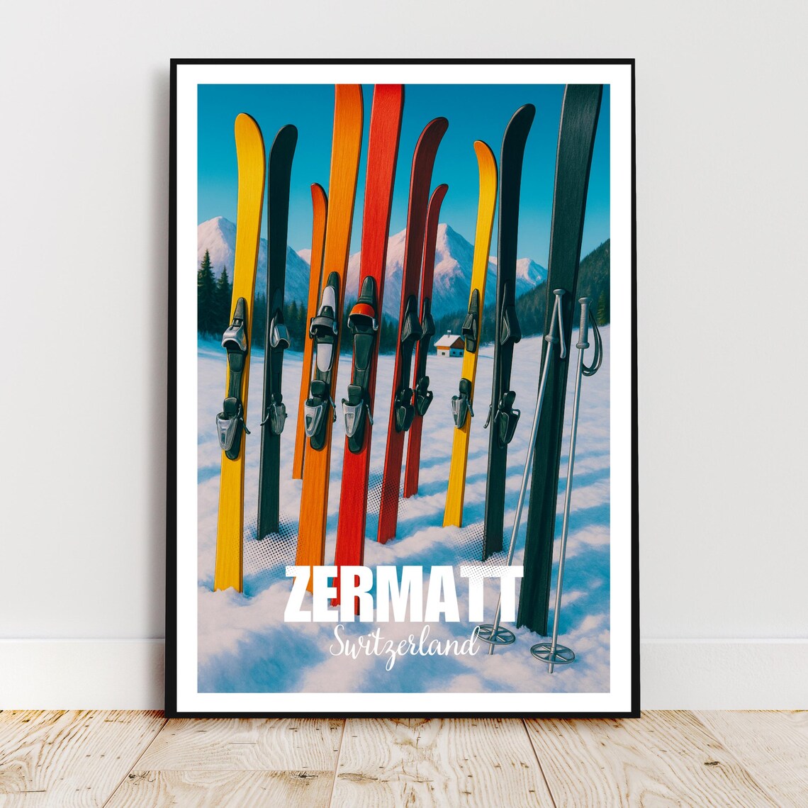 Zermatt Switzerland Colorful Skis Snowy Alpine Ski Resort Poster