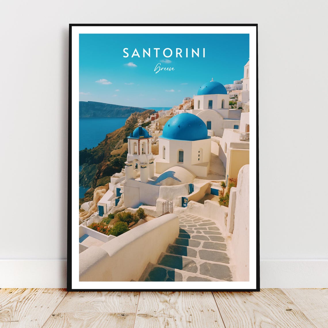 Santorini Greece Blue Domes Caldera View Vintage Travel Poster