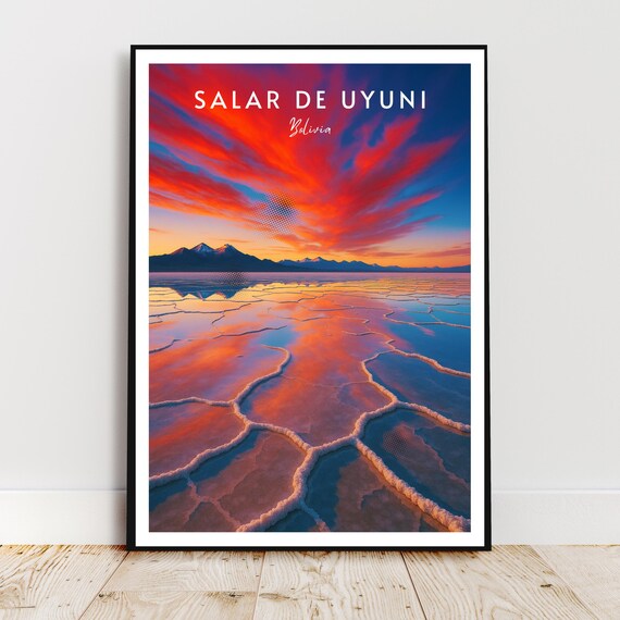 Salar De Uyuni Bolivia Salt Flats Fiery Sunset Reflection Travel Poster