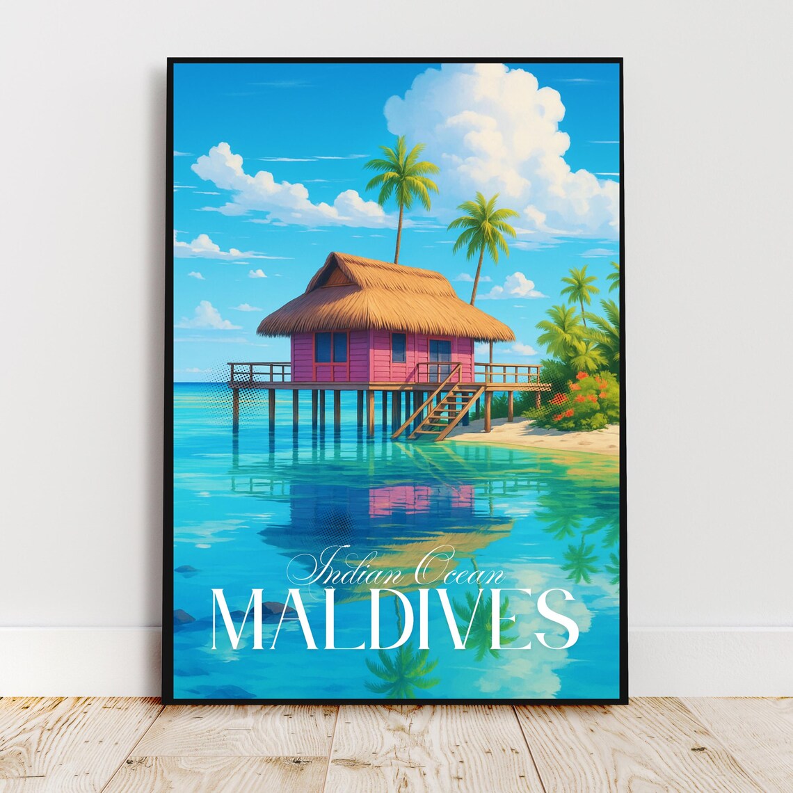 Maldives Indian Ocean Pink Overwater Bungalow Tropical Travel Poster
